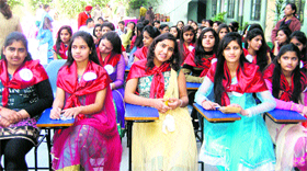 Students of Saraswati Modern School during a farewell party in Ludhiana.