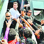 Congress general secretary Rahul Gandhi being welcomed during his road show in support of the party candidate in Kanpur on Monday. 