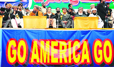 Pakistani Islamist groups and political party leaders attend an anti-US protest rally in Islamabad on Monday.