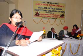 Deblina Dey presenting her paper during a national conference organised at the Government Rajindra College in Bathinda on Tuesday