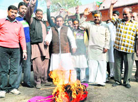 Teerth purohits burn an effigy of Chidanand Muni of Parmarth Niketan at Kusha Ghat in Haridwar on Tuesday. 