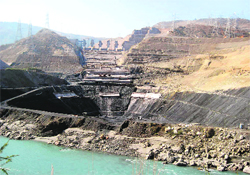 A view of the incomplete work of spillway and flip bucket in the 800-MW Kol Dam project situated on the border of Mandi and Bilaspur districts.