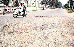 The damaged Thimmayya Park road in Jalandhar Cantonment