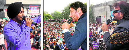 Punjabi singers Satinder Sartaj, Harbhajan Mann and Hans Raj Hans perform during a rally on International Mother Language Day organised by the Punjabi Jagriti Manch in Jalandhar on Tuesday