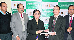Dr GL Awasthi, director, Medical Services SPS Apollo Hospitals (second from right), and Dr Monika Gulati, dean, Faculty of Applied Sciences, Lovely Professional University, sign the MoU in Ludhiana