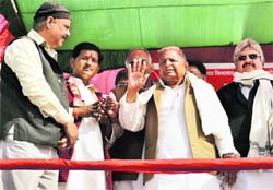 Samajwadi Party chief Mulayam Singh at a poll rally in Firozabad on Tuesday. 