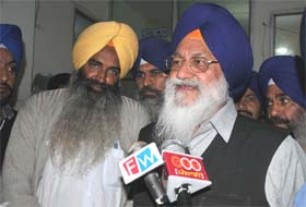 SGPC chief Avtar Singh Makkar talking to media persons in Bathida on Wednesday