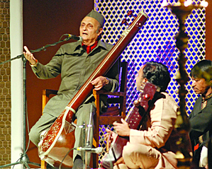 Dr Karan Singh, cultural ambassador and president of ICCR, sings classical songs at an evening of music in Azad Bhawan in New Delhi on Wednesday. 