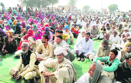 Jat activists hold a dharna at Mayyar village in Hisar on Wednesday.