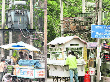 Vendors park their rehries for running their business of selling eatables under power transformers at Milap Chowk in Jalandhar.