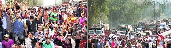 Students and staff of DAV College block the Jalandhar-Amritsar highway; and (right) long queues of vehicles stuck in traffic jam on DAV College railway overbridge in Jalandhar