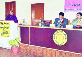 A resource person addresses a seminar at KCW, Sidhway Khurd, on Wednesday. 