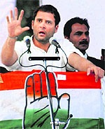 Congress general secretary Rahul Gandhi addresses an election rally in Mawana, Meerut