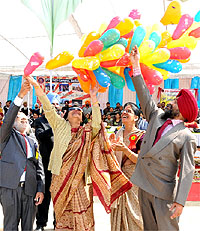Punjabs special chief electoral officer Usha Sharma inaugurates the athletic meet at the PTU GZS campus in Bathinda on Thursday