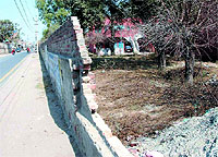 A crumbled portion of the boundary wall of the Civil Hospital complex in Bathinda