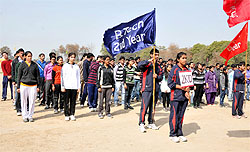 Students taking part in the opening ceremony of the 19th athletic meet of Punjab Technical University Giani Zail Singh campus in Bathinda on Thursday
