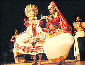 Artistes perform kathakali at the Tagore Theatre in Chandigarh on Thursday.