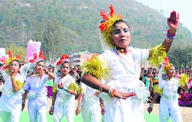 Artistes from Andhra Pradesh perform koya dance at the Shivratri Fair in Mandi