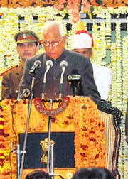 Governor NN Vohra delivers his joint address to both Houses on the opening day of the budget session in Jammu on Thursday.