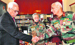 Lt Gen AS Nandal and Lt Gen KT Parnaik (centre) call on Governor NN Vohra at Raj Bhawan in Jammu on Thursday. 