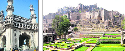 Charminar (L) and the ruins of Golconda Fort
