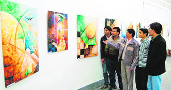 Artists display their work at SG Thakar Singh Art Gallery in Amritsar. 
