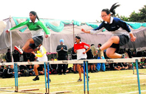 Girls in action during the Annual Athletics meet at Yadavindra Public School, Phase-8, Mohali, on Friday. 