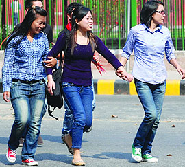 Girls on an outing on a sunny day in New Delhi on Friday.