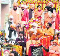 The body of Mahant Shankar Das of Panchayati Bada Udasin Akhada being taken for cremation in Haridwar on Friday.