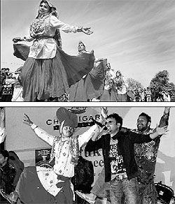 Dancers present a Haryanvi folk dance during the Rose Festival in Chandigarh on Saturday