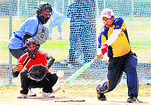 A player plays a shot during a match of the All-India Inter-University Softball Tournament at Panjab University on Saturday