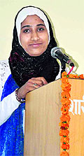 Bilquis Bano from the University of Kashmir delivers a lecture on the second day of an international conference at Gurukul Kangri University in Haridwar on Saturday