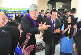 Union Minister Farooq Abdullah dances during the concluding ceremony of the three-day Scouts and Guides Camp at Trikuta Bhawan in Katra.