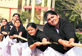 Students participate in the tug-of-war during the annual athletics meet of Malwa College in Ludhiana. 