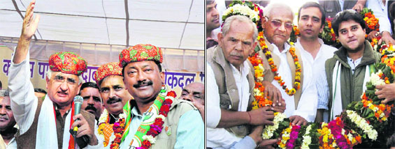 Congress leaders Salman Khurshid (L) and Jyotiraditya Scindia at election rallies in Mathura and Aligarh, respectively, on Saturday. 