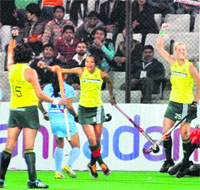 South African players celebrate after scoring against India in the final in New Delhi on Saturday. SA beat India 3-1. 