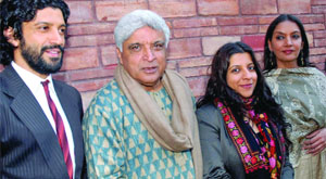 From left, actor Farhan Khan, lyricist Javed Akhtar, director Joya Akhtar and actress Sbana Azmi at the launch of Lava, a collection of poems by Javed Akhtar, in New Delhi on Sunday