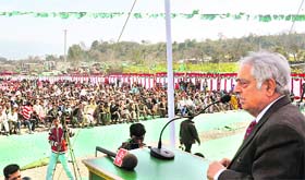 Former Chief Minister and PDP patron Mufti Mohammad Sayeed addresses party workers at a rally in Nagrota constituency in Jammu on Sunday