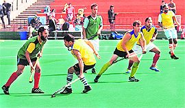 Players of Chandigarh Comets practise for World Hockey Series at Sector 42 on Monday. 