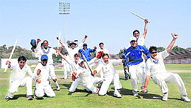 Cricket team of Power Grid celebrate their victory in the Inter Central Power Sector Unit cricket tournament at cricket stadium, Sector 16, Chandigarh, on Monday. 