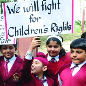 Schoolchildren demonstrate for the return of NRI children from Norway, outside the Norwegian embassy in New Delhi on Monday