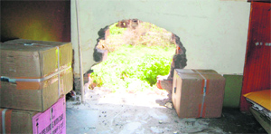 Partly demolished wall of the Punjab National Bank on the premises of Guru Nanak Dev Hospital on Majitha road in Amritsar.