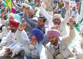 Activists of the farmer unions staging protest near the Mini-secretariat in Bathinda on Tuesday