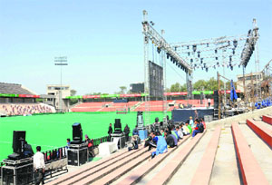 Stage being prepared for the performance by Bollywood stars at the opening ceremony of WSH. 