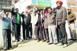 Activists of the All-India Bank Employees Association stage a protest at Ahmedgarh
