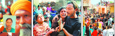 (From left) A man shows the photograph of Parveen Kumari, whose headless body was found today; wailing relatives of the victim and residents gather outside the house where the body was found in Shaheed Baba Sangat Singh Nagar at Maqboolpura in Amritsar on Wednesday.