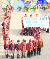 Schoolchildren gather in the form of a hockey stick to extend their best wishes to the Indian hockey team for the London Olympics in Amritsar on Wednesday.