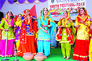 Students of Guru Kashi University, Talwandi Sabo, present a cultural programme during the two-day youth festival held in the college. Chief engineer of the GGS Refinery, Rajeev Parmar, was the chief guest on the occasion.