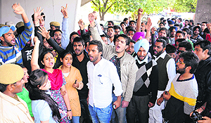 Students stage a protest in support of their demands at Panjab University in Chandigarh on Wednesday. 