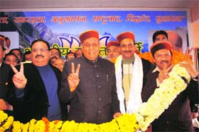 (From left) BJP national general secretary JP Nadda, Chief Minister PK Dhumal, state party chief Satpal Satti and national secretary Shyam Jaju at the BJP office in Shimla on Wednesday